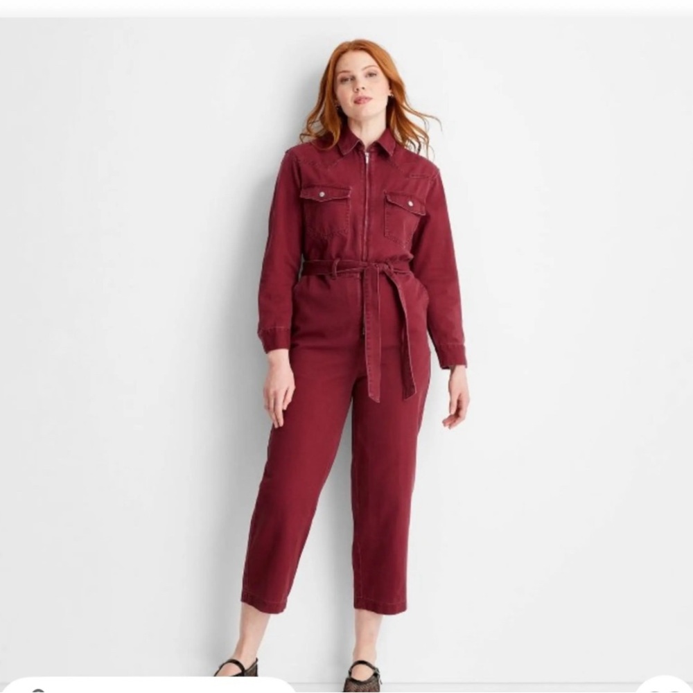 NWT Future Collective For Target Burgundy Long Sleeve Jumpsuit with Belt Size XS